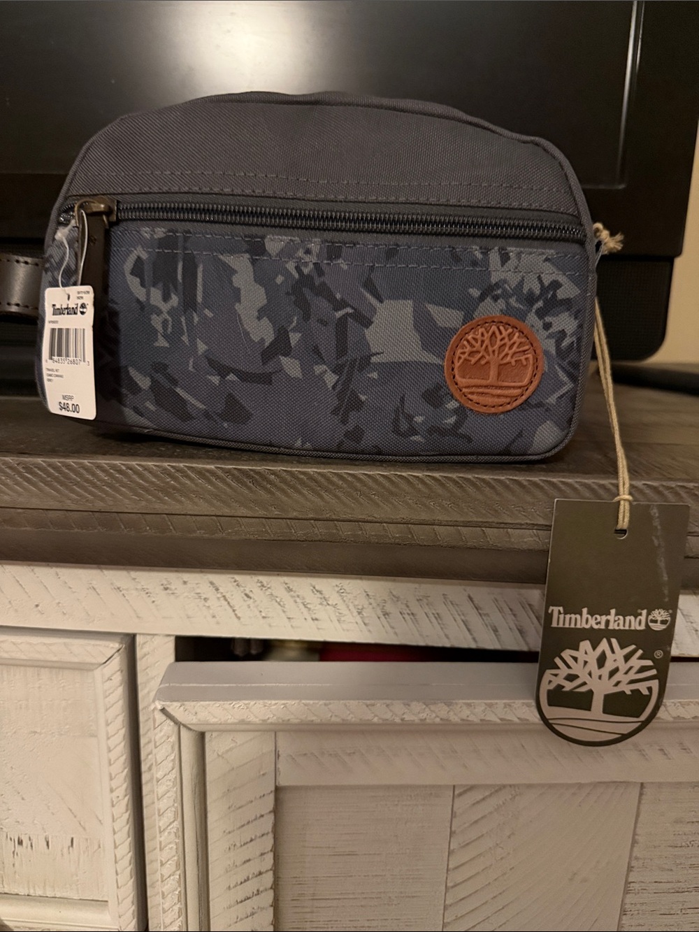 Timberland Men's Blue Camouflage Toiletry Pouch with Leather Logo